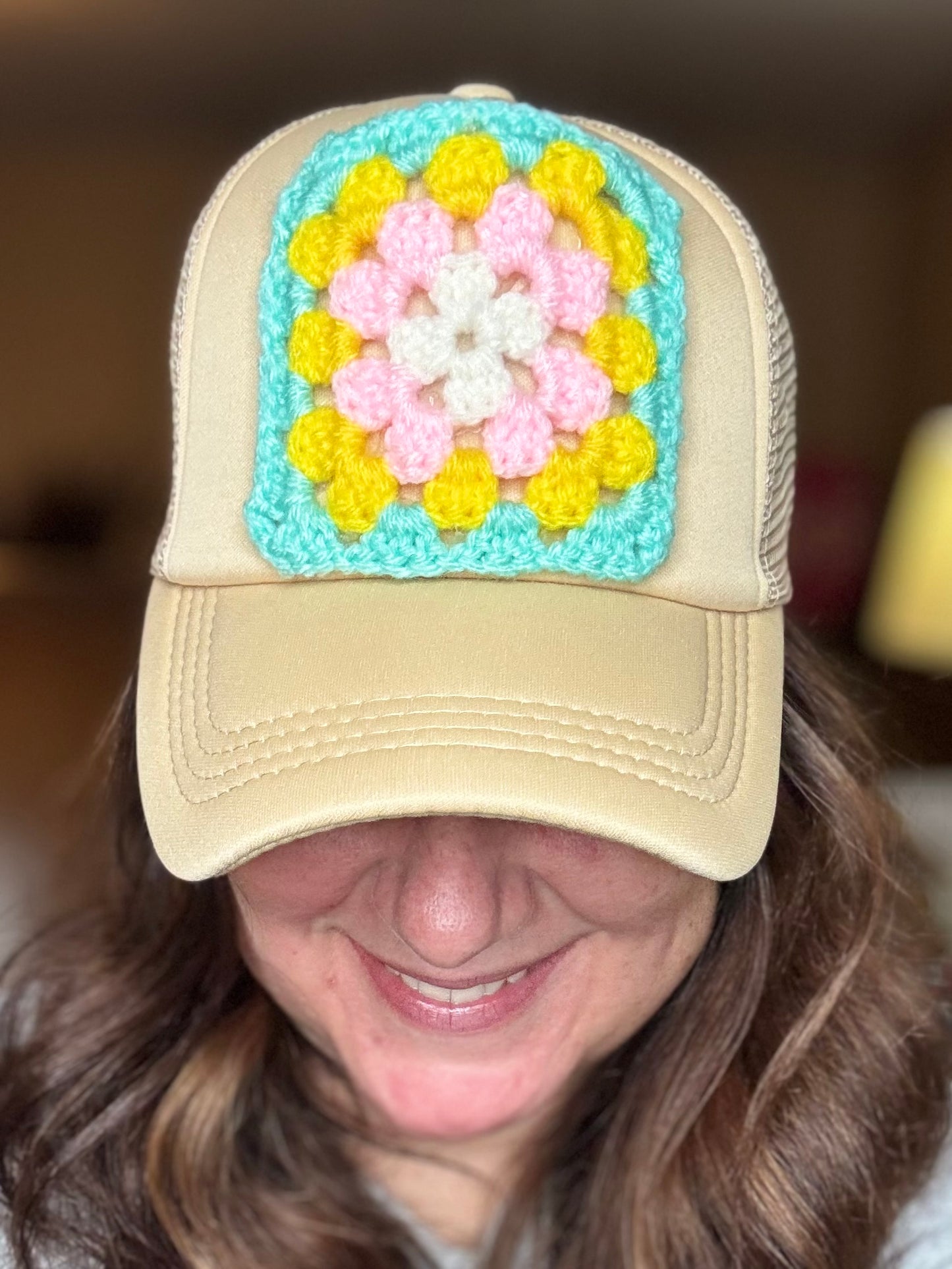 Granny Square Trucker Hat-Tan