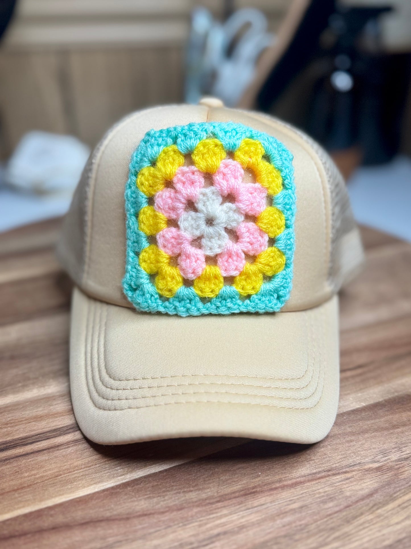 Granny Square Trucker Hat-Tan