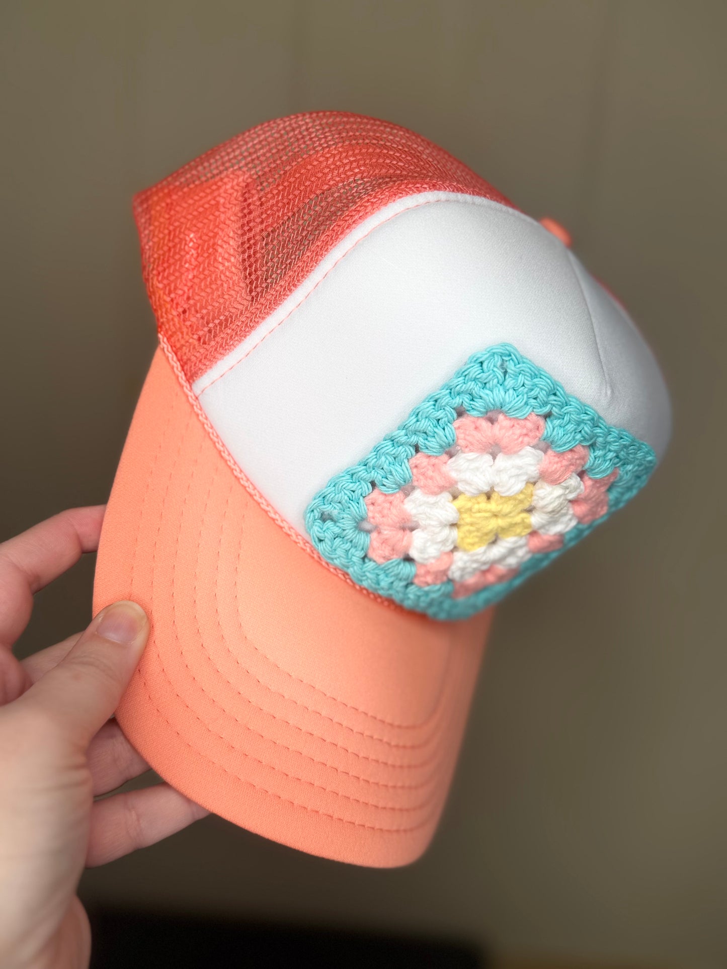 Granny Square Trucker Hat-Coral Hat with Teal, Coral and Yellow Patch