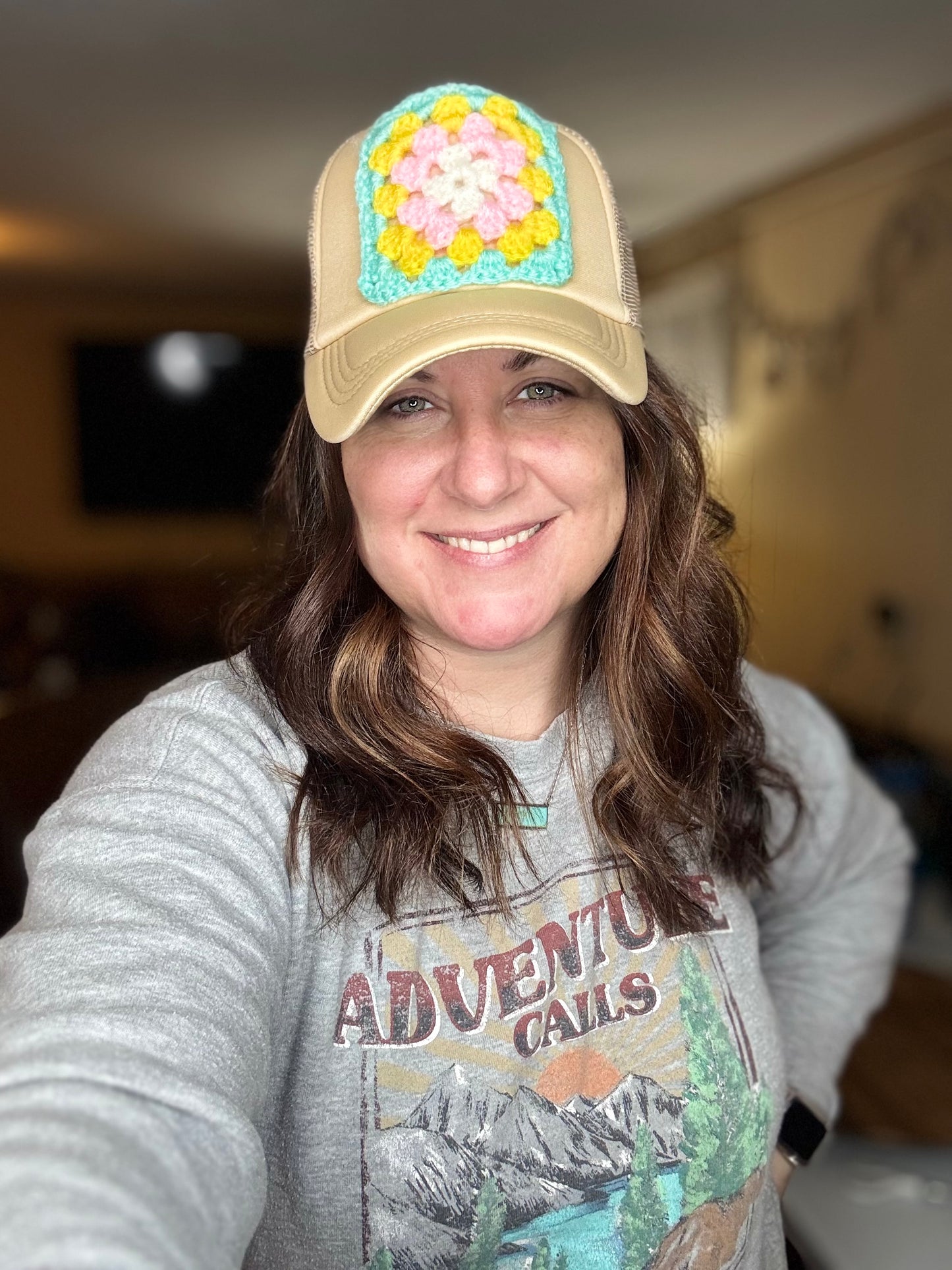 Granny Square Trucker Hat-Tan