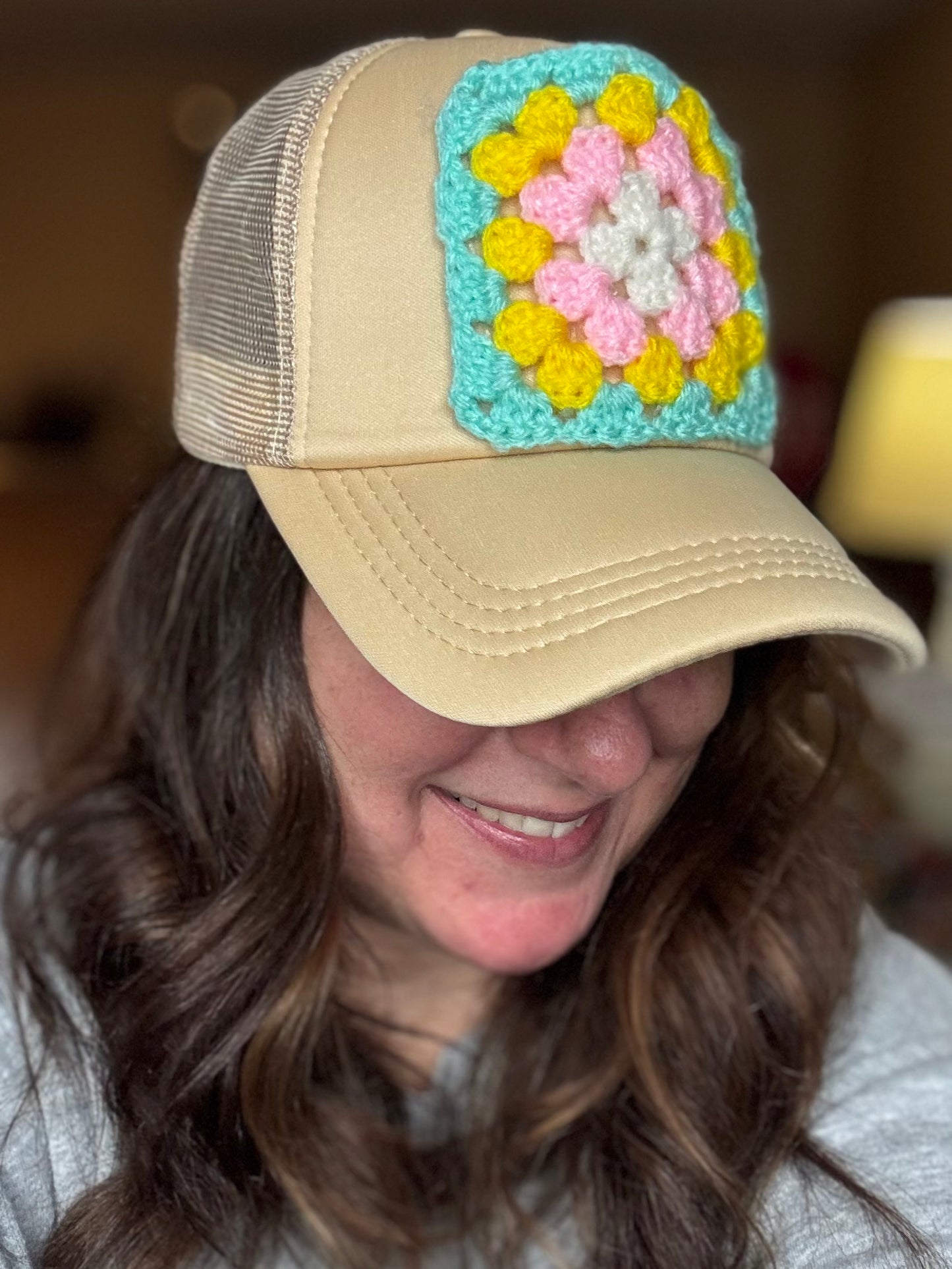 Granny Square Trucker Hat-Tan