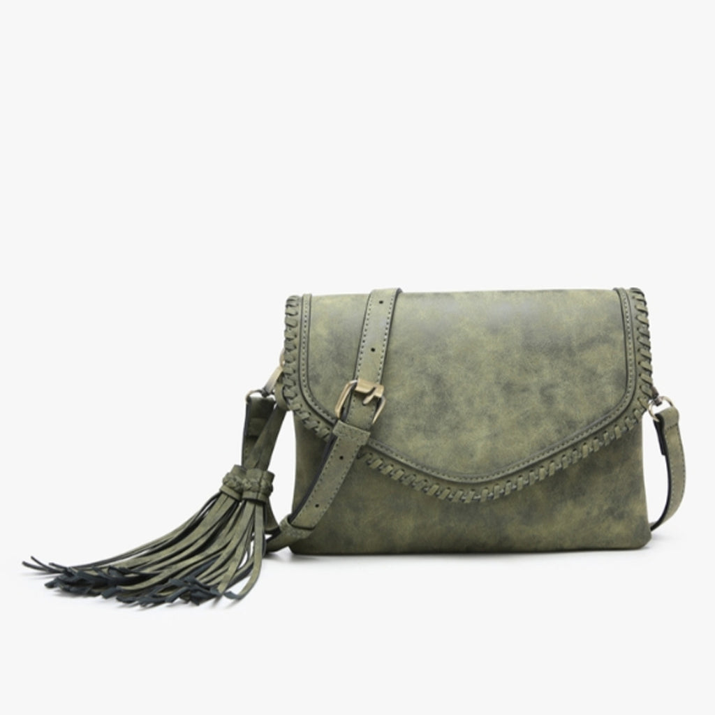 Sloane Suede Flapover Crossbody w/ Whipstitch Trim with Branded Antlers