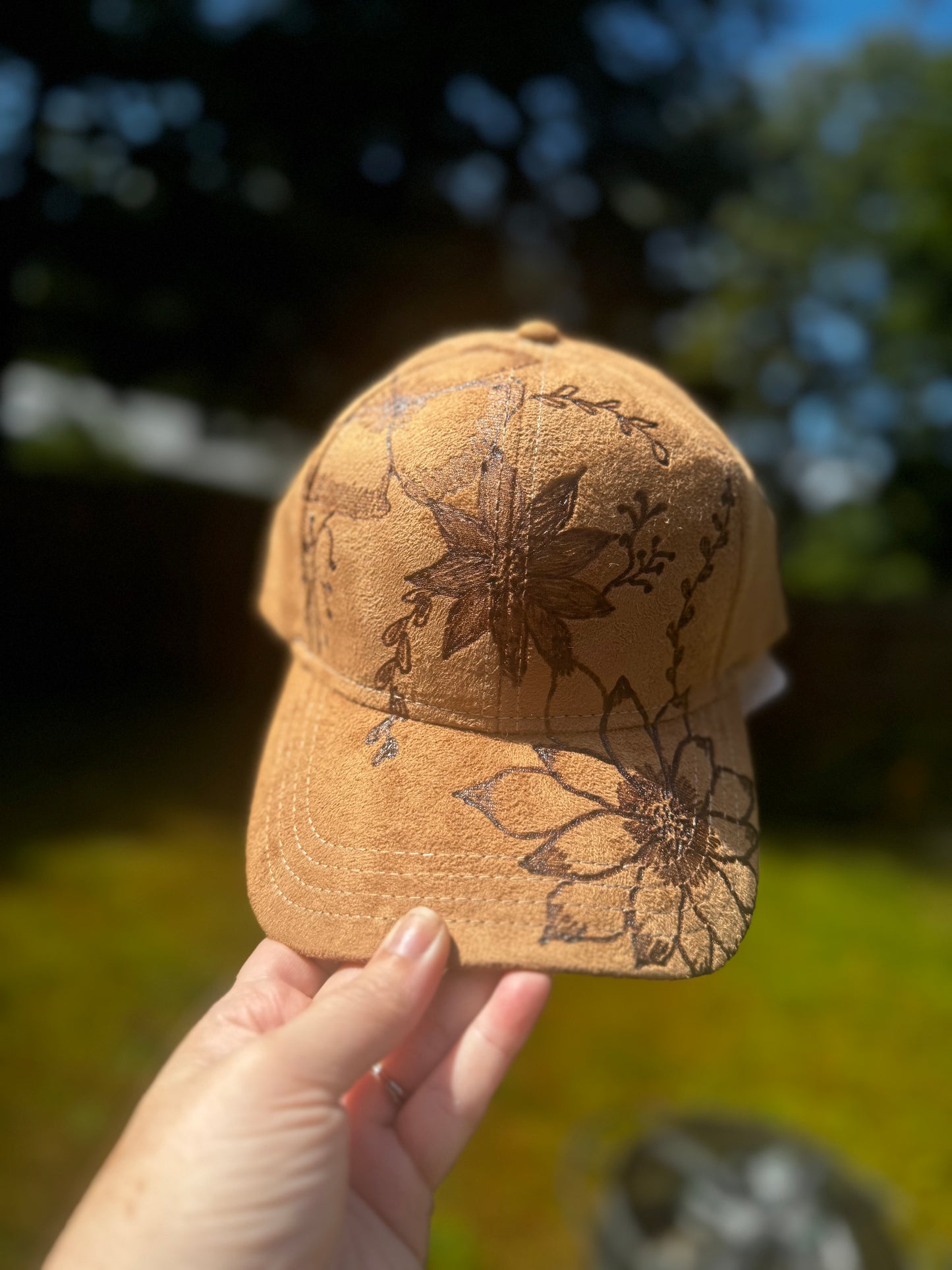 Hand Burned Floral Ball Cap- Camel