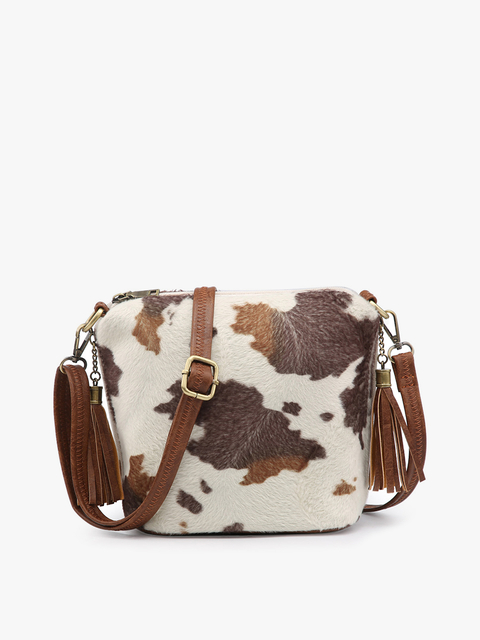 Cow Hide Print Dylan Crossbody w/ 2 Side Tassel Zippers
