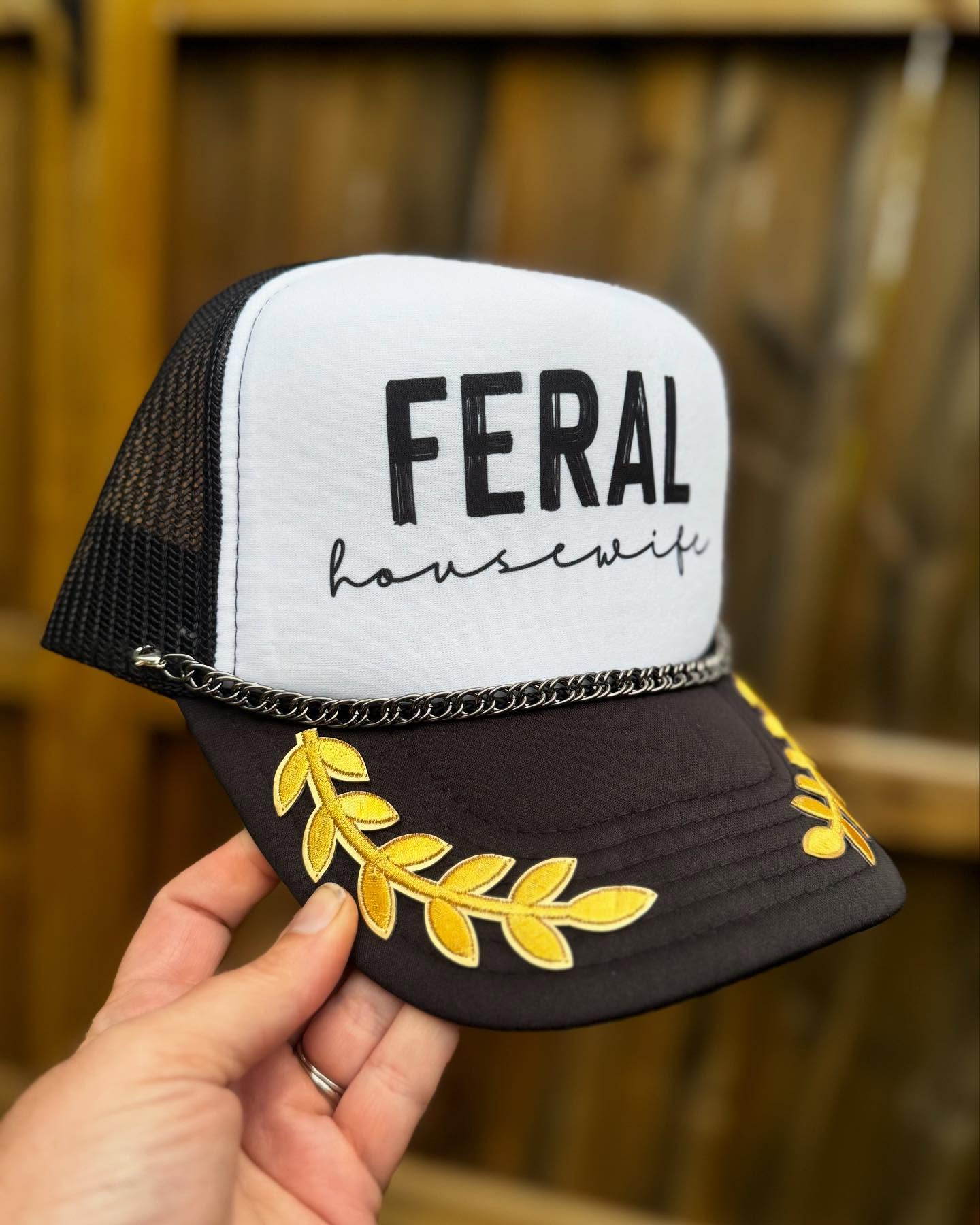 Black and White Feral Housewife Trucker Hat