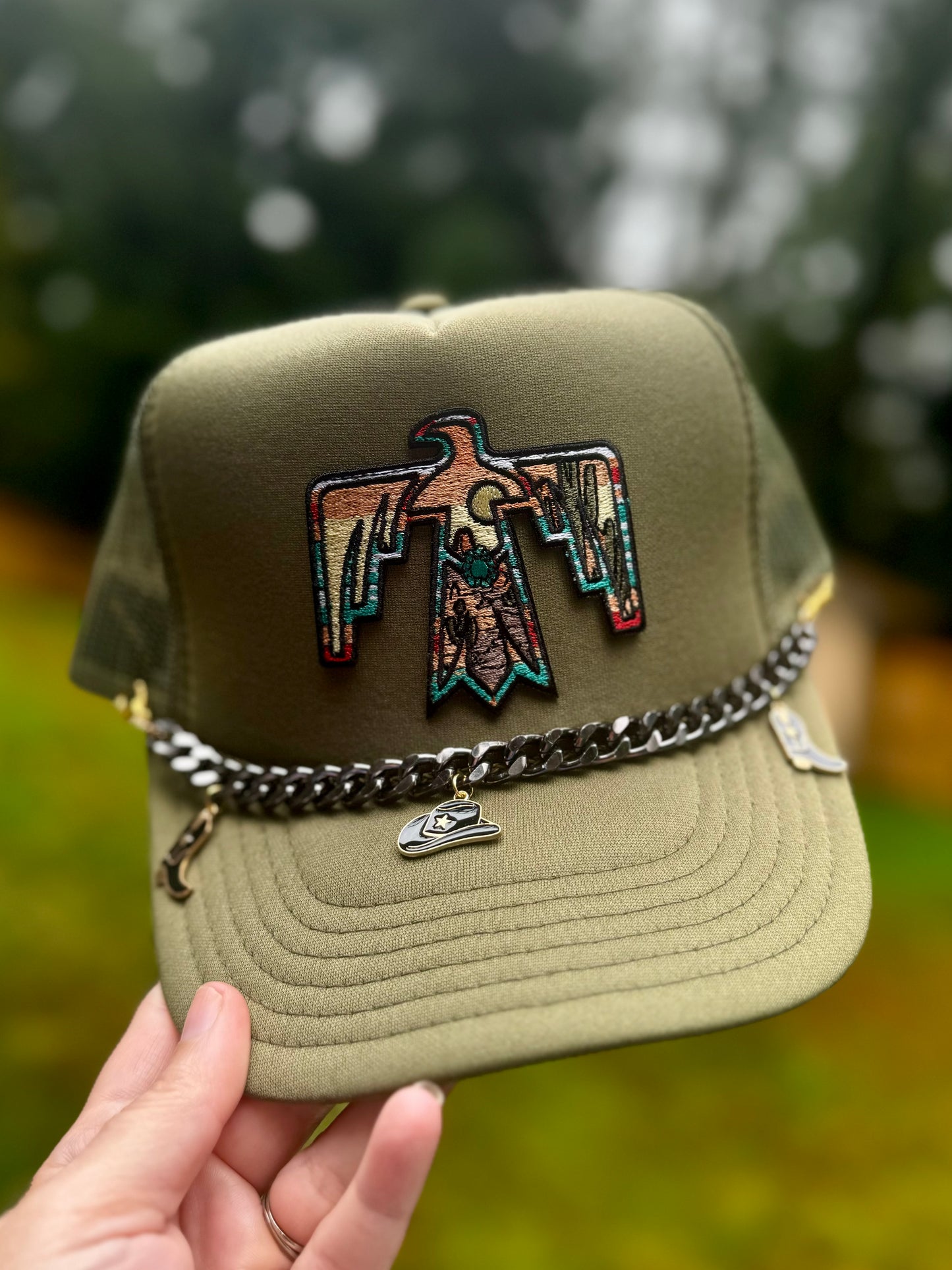 Western Sunset Trucker Hat with Cowboy Hat Chain