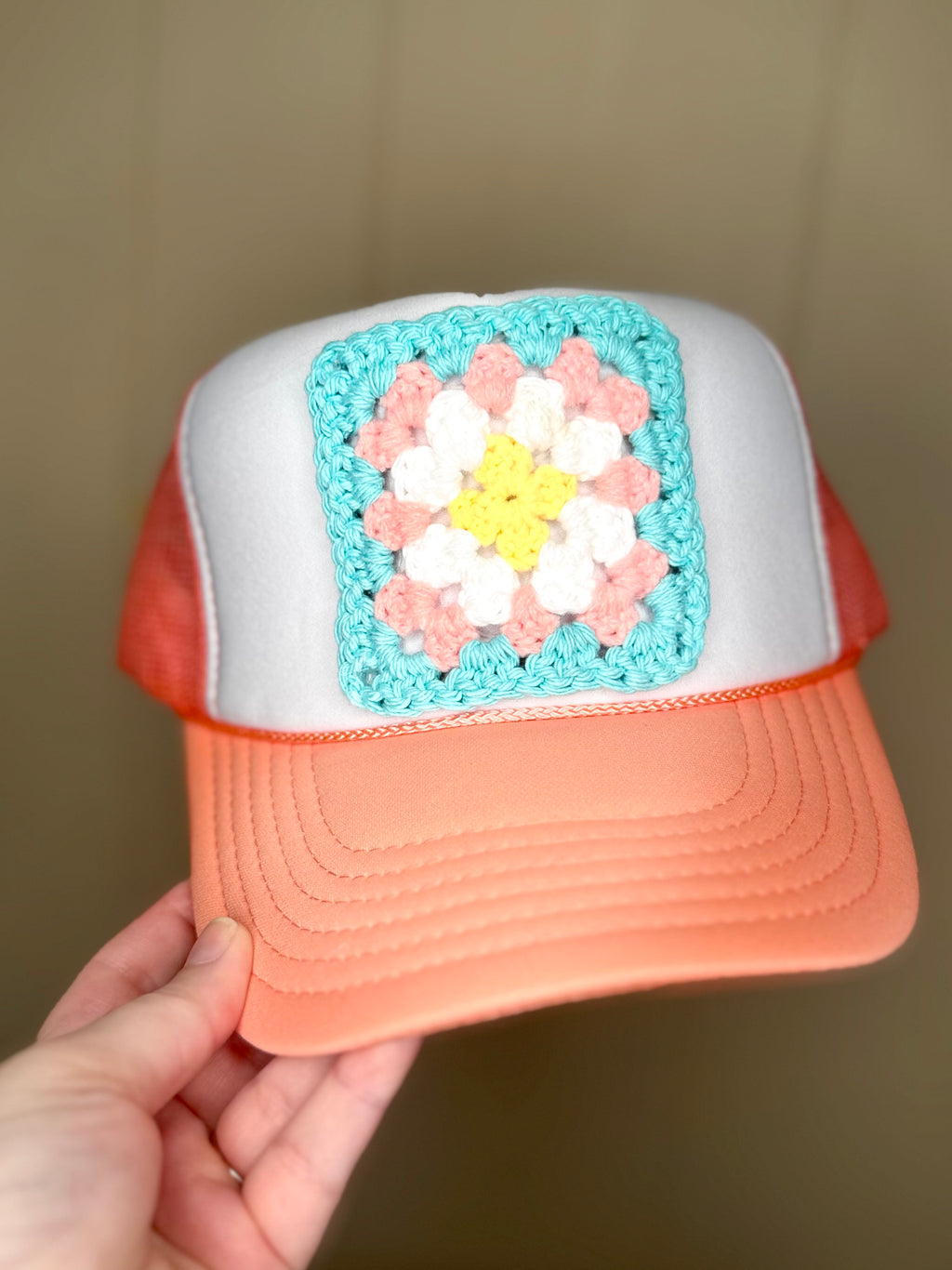 Granny Square Trucker Hat-Coral Hat with Teal, Coral and Yellow Patch