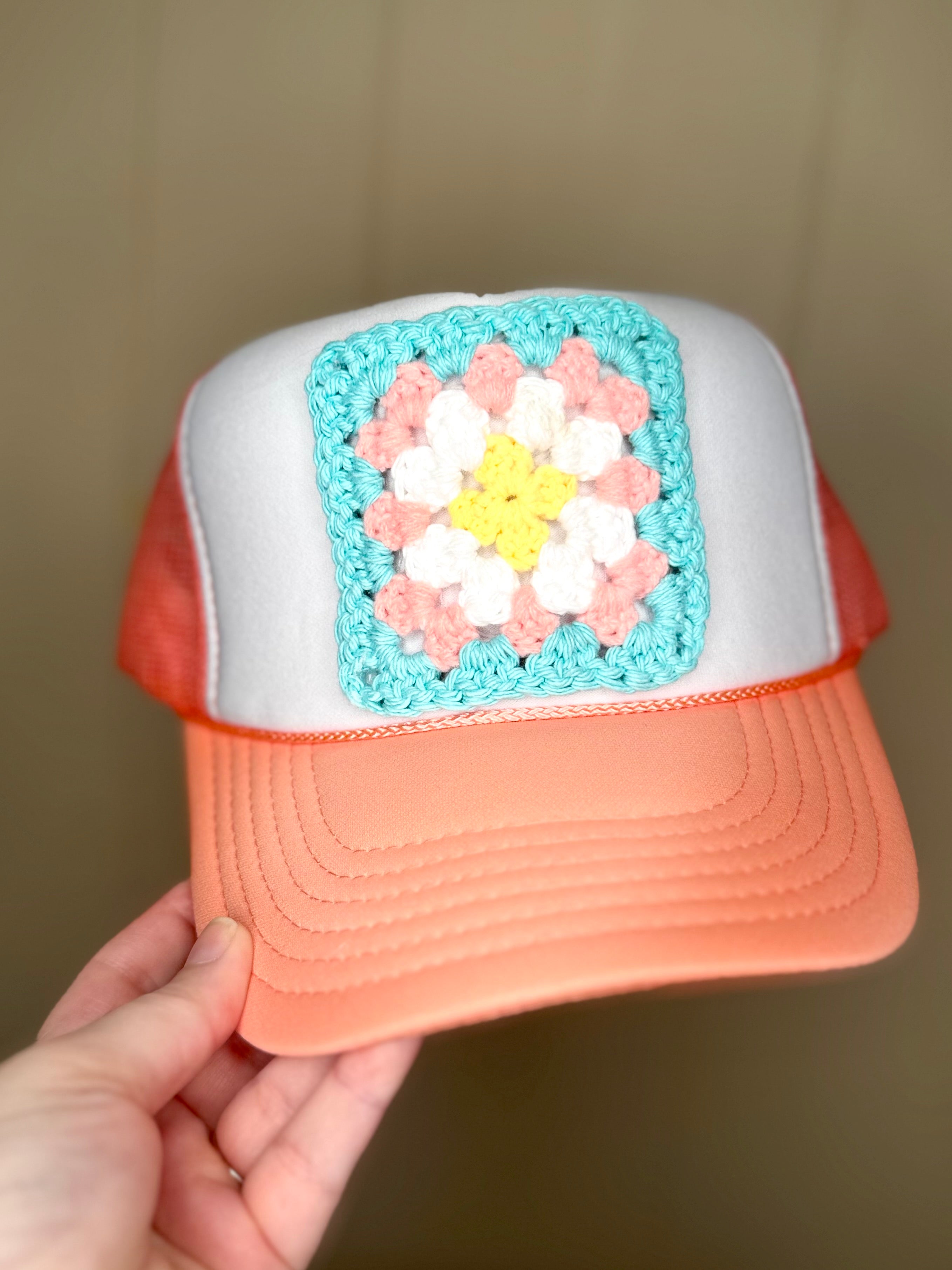 Granny Square Trucker Hat-Coral Hat with Teal, Coral and Yellow Patch