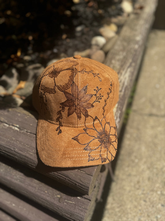 Hand Burned Floral Ball Cap- Camel