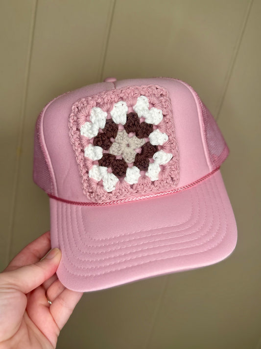 Granny Square Trucker Hat- Pink, Brown and Grey