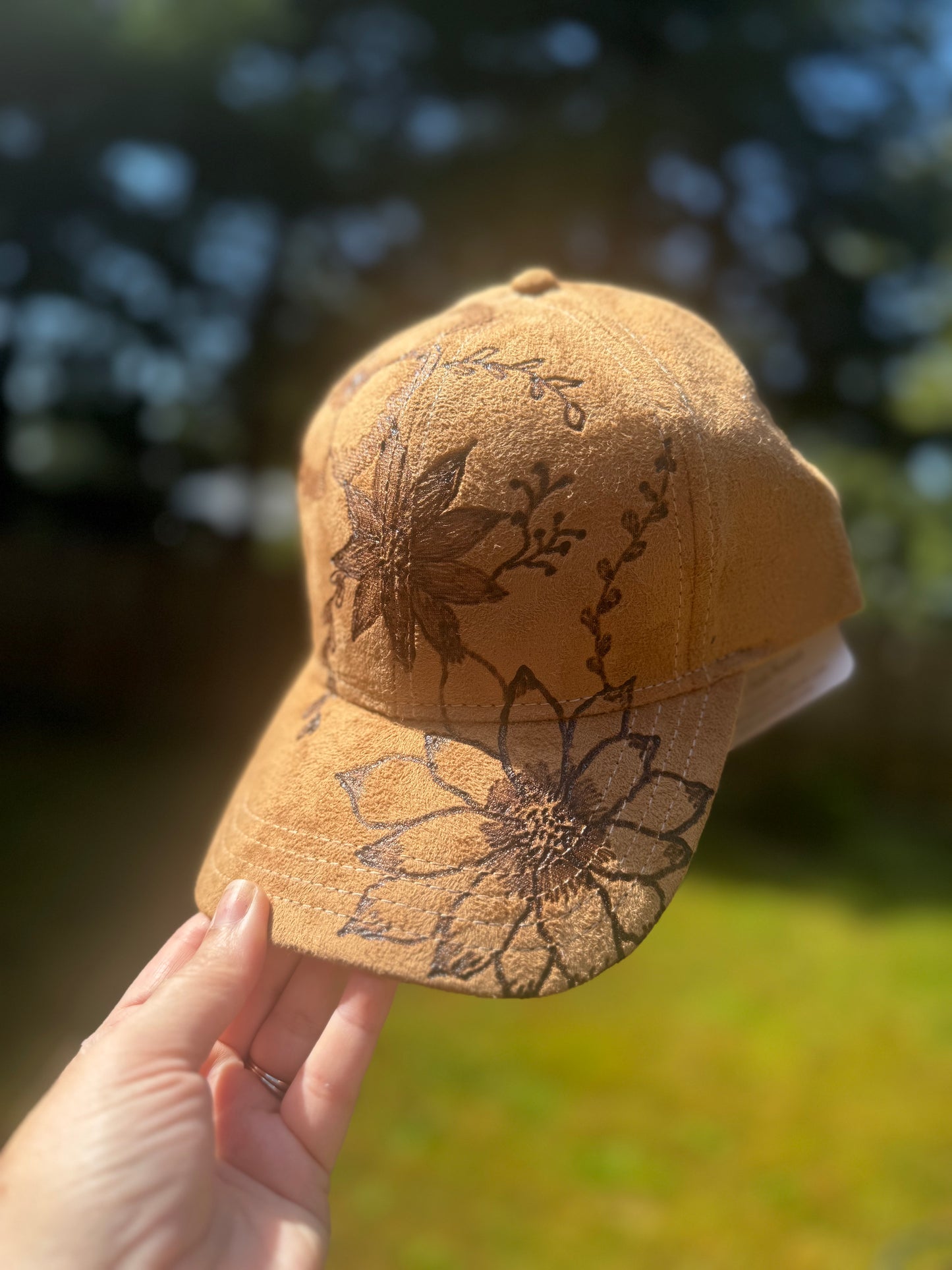 Hand Burned Floral Ball Cap- Camel