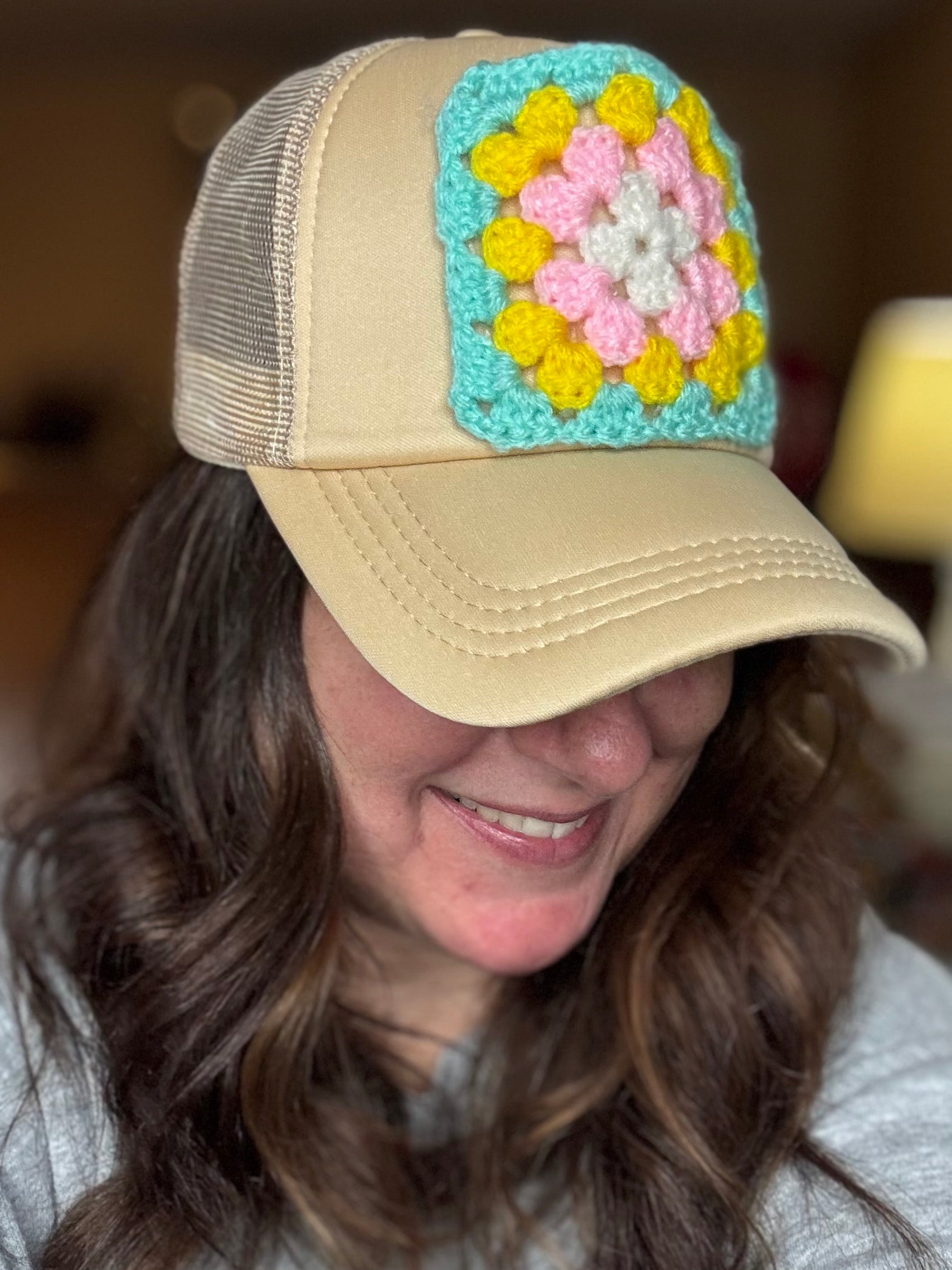 Granny Square Trucker Hat-Tan